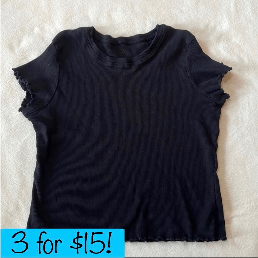 John Galt Ribbed Lettuce Ruffle Trim Crewneck Short Sleeve Crop Top Black OS